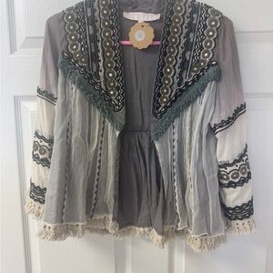 Anthropologie Gray and Cream Embroidered Cardigan/jacket